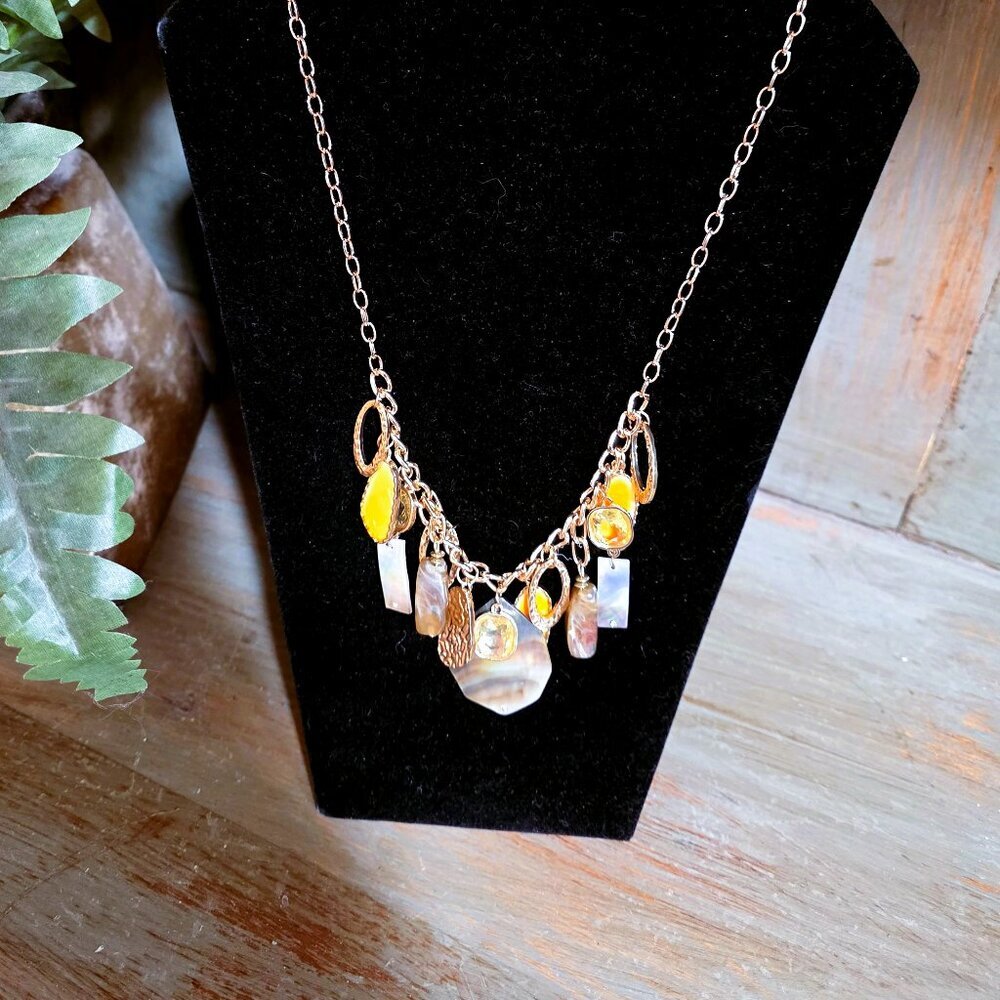 Multi Stone Stylish Boho Necklace on Gold Chain -‎ Hand Crafted - NWOT